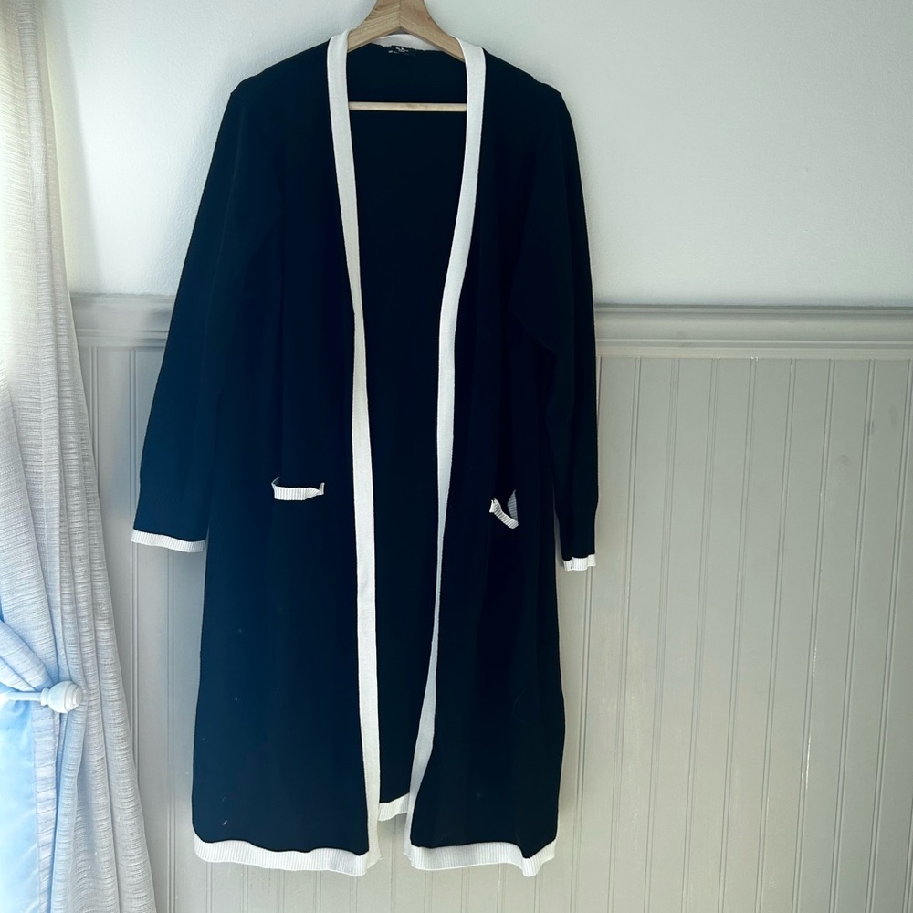 Vila Milano XXL Black & White Minimalist Long Open Front Cardigan with Pockets